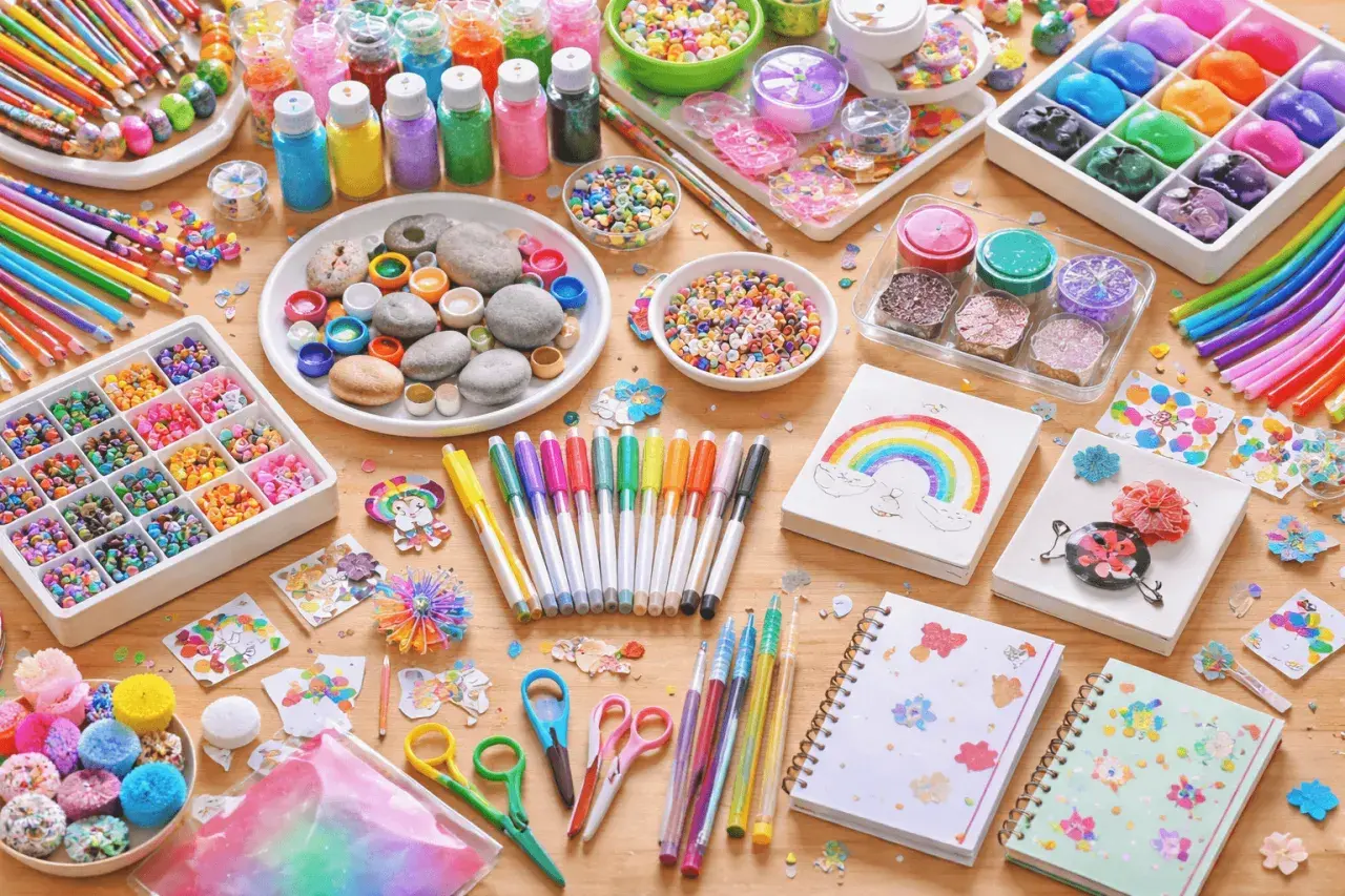 Bunte Bastelmaterialien für kindergeburtstag kreativ: Stifte, Perlen, Glitzer, Steine und Notizbücher laden zum Gestalten ein.