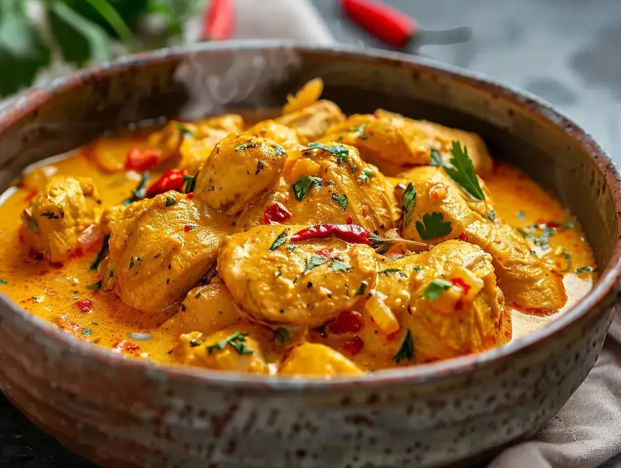 En närbild av en krämig kyckling curry gryta med bitar av kyckling, chili och persilja i en rustik skål.