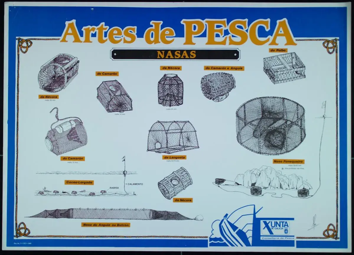 Ilustraciones de diversos tipos de nasas de pesca, como las de nécora, camarón, pulpo, langosta y anguila, mostrando sus diseños y mallas.