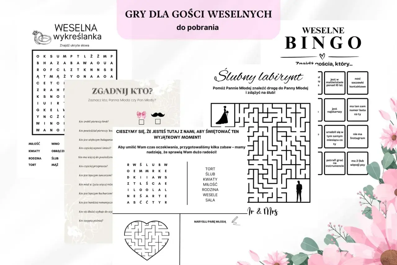 Gry weselne dla gości: wykreślanka, bingo, labirynt i zgadywanki. Zabawy pomogą umilić czas oczekiwania na Parę Młodą.