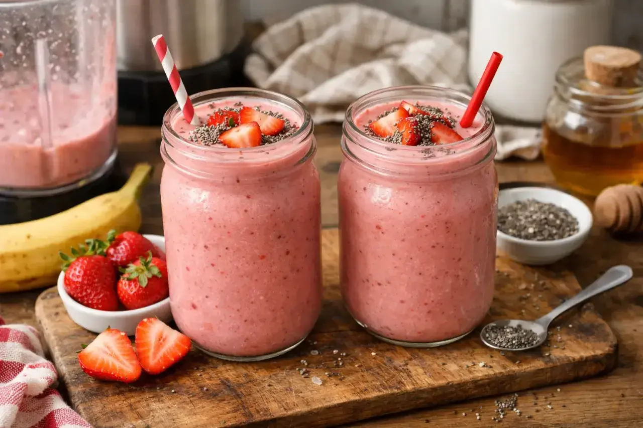 Deux jolis pots de smoothie fraise, garnis de fruits frais et de graines de chia. Un délice fruité prêt à être dégusté !