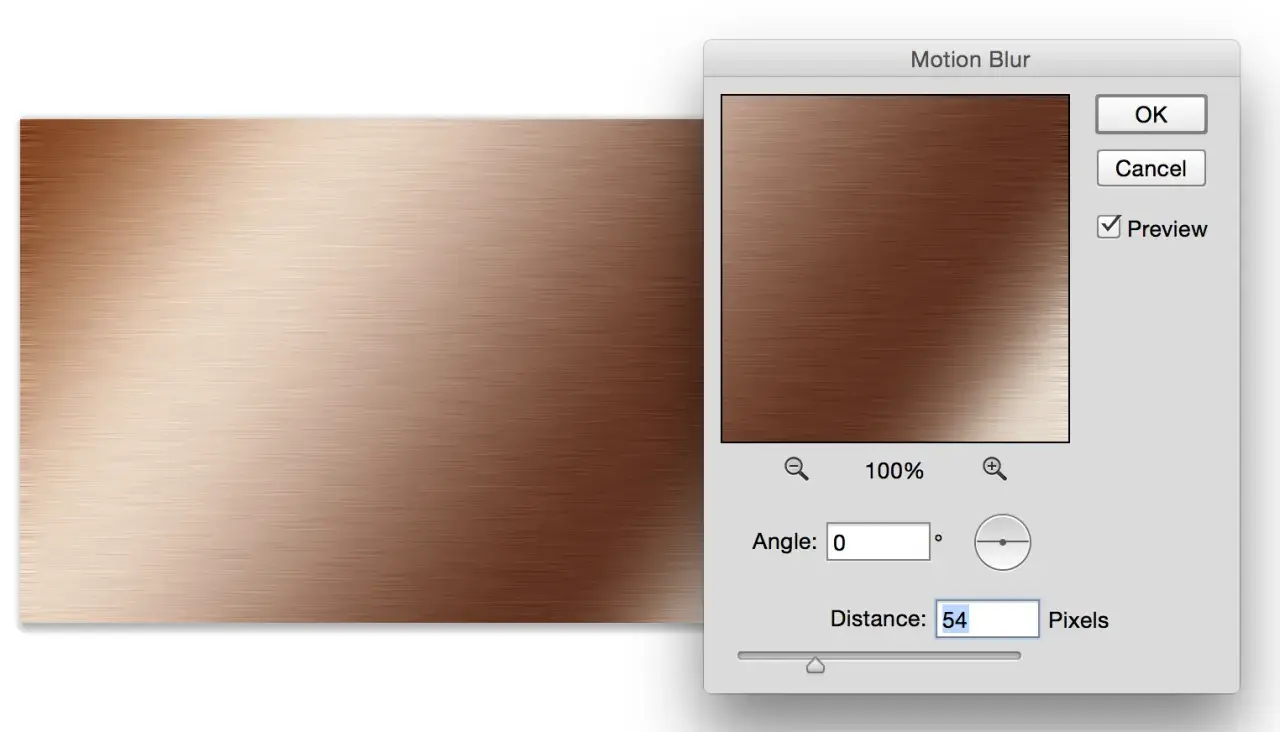 Finestra di dialogo "Motion Blur" in Photoshop, applica un effetto metallo con sfumature di bronzo e un leggero movimento.