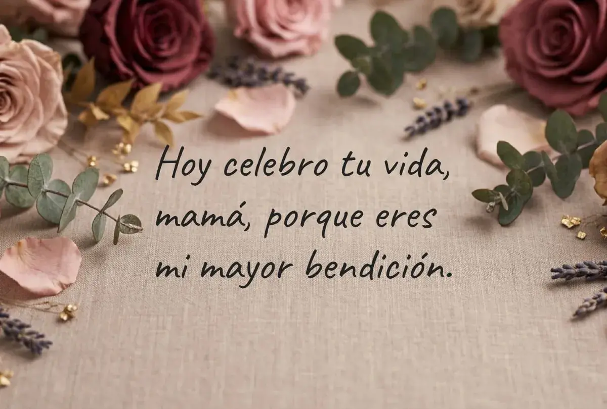 Un mensaje del día de la madre con rosas y eucalipto. "Hoy celebro tu vida, mamá, porque eres mi mayor bendición.
