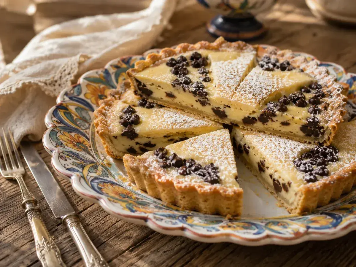 Una deliziosa torta di ricotta siciliana, cosparsa di zucchero a velo e gocce di cioccolato, servita su un piatto decorato.