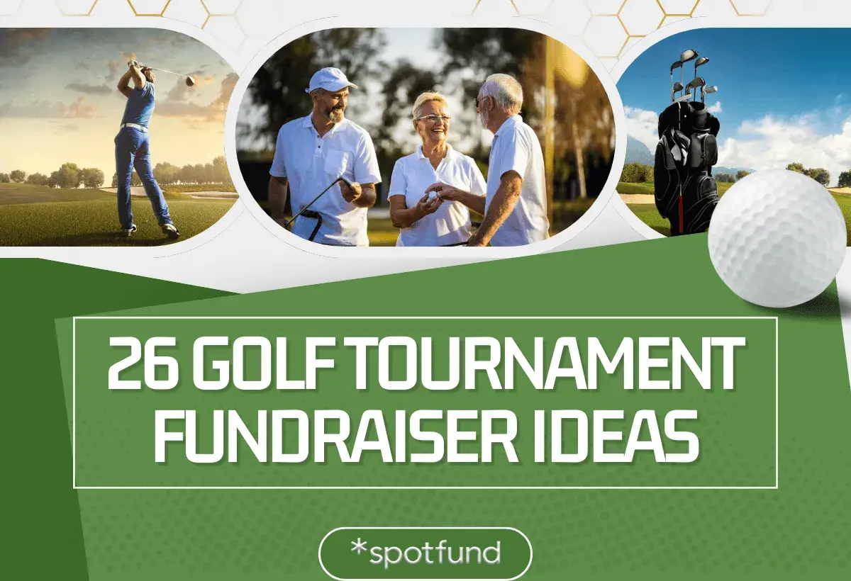 Golf tournament fundraiser ideas: a golfer swings, friends chat, and a golf bag stands ready.