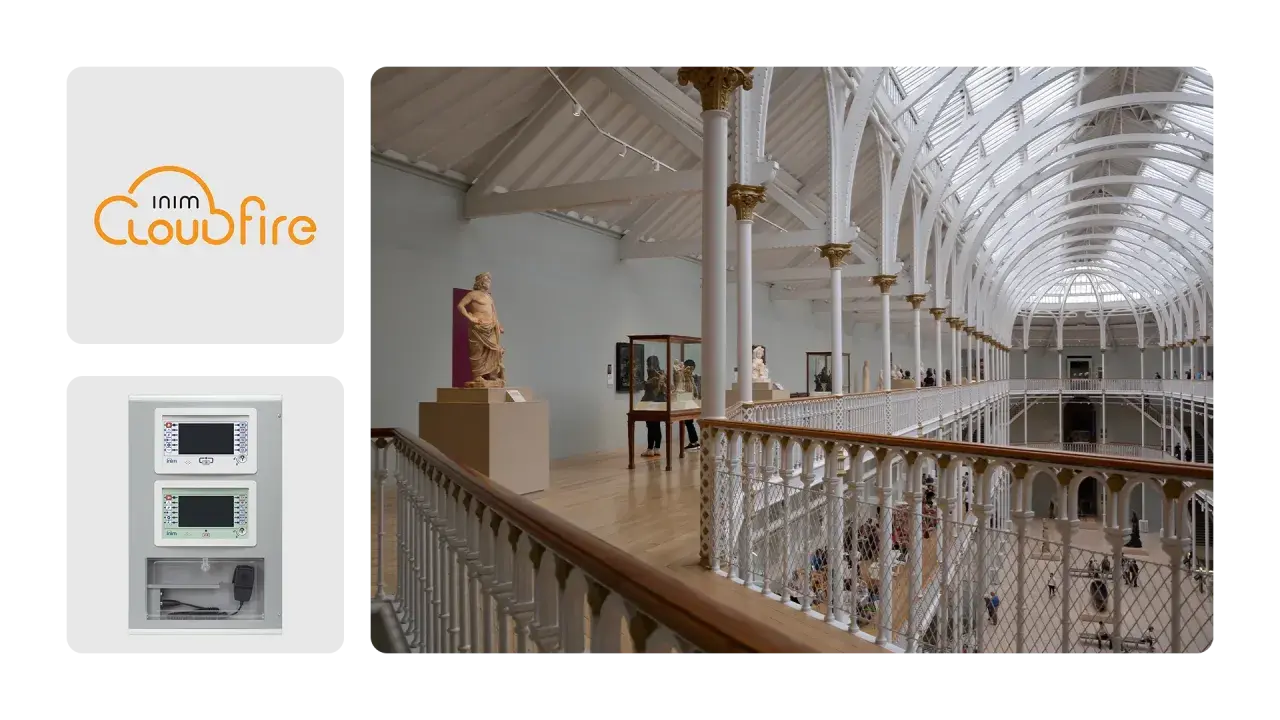 El logo de inim Cloudfire se muestra junto a un panel de control y una vista interior de un museo con estatuas y arquitectura clásica.