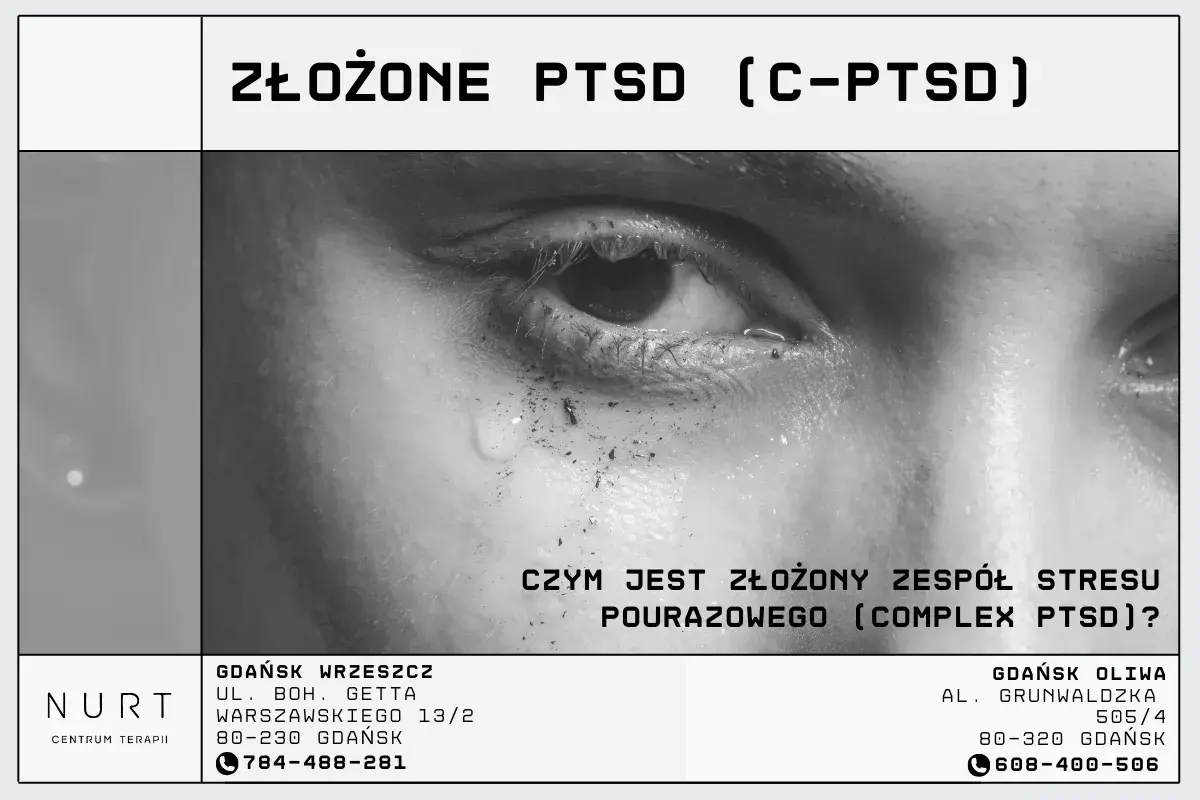Zbliżenie na zapłakane oko, symbolizujące złożony zespół stresu pourazowego (c-PTSD). Pomoc dla osób zmagających się z traumą.