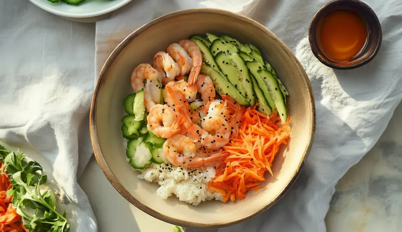 Kolorowy poke bowl z krewetkami, ryżem, ogórkiem i startą marchewką, posypany czarnym sezamem. Idealny na lekki posiłek.