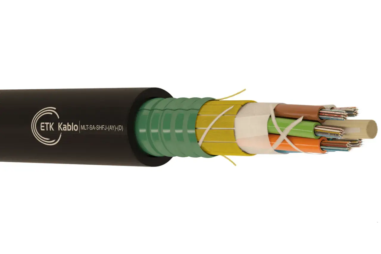 Corte transversal de un cable lszh con múltiples conductores de colores, envueltos en capas protectoras y una cubierta exterior negra.