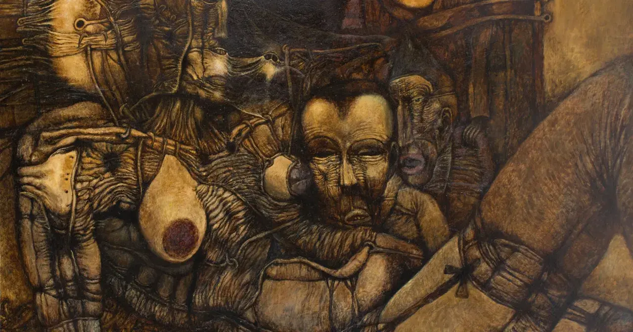 Mroczne, surrealistyczne postacie splatają się w koszmarze. Dzieła Zdzisława Beksińskiego budzą grozę i fascynację.