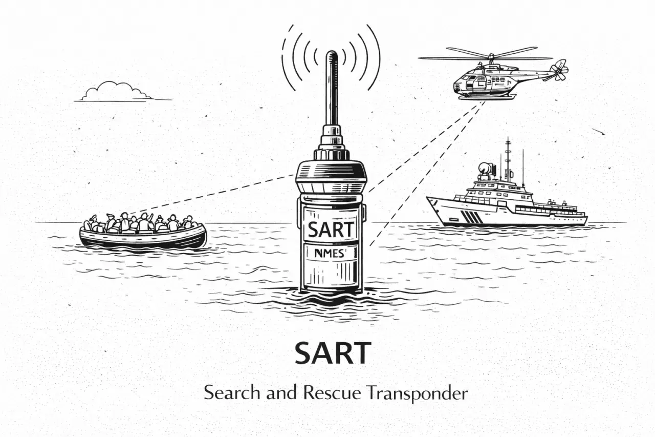 SART, czyli transponder radarowy, pomaga w akcji ratunkowej. Sygnał z łodzi z pasażerami jest odbierany przez helikopter i statek.