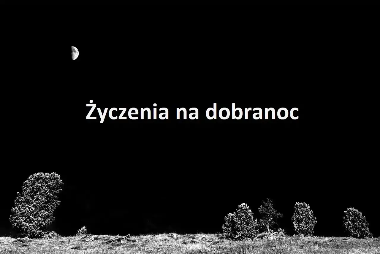 Księżyc nad nocnym krajobrazem. Tekst: "Życzenia na dobranoc". Czas na spokojny sen.