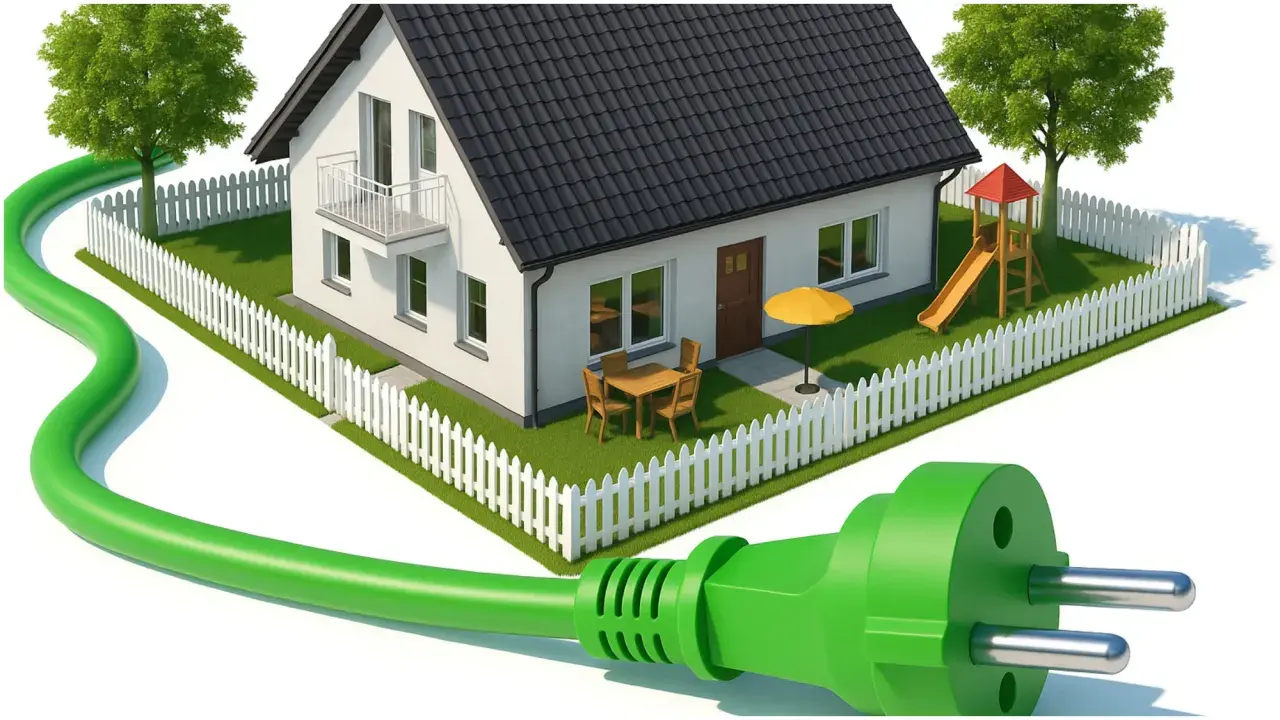 Zielony kabel z wtyczką otacza dom z placem zabaw. To symbol magazynu ciepła i ekologicznej energii dla domu.