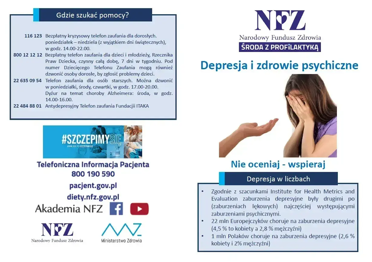 Kobieta ukrywa twarz w dłoniach, symbolizując cierpienie związane z depresją. Obok dłoń oferująca wsparcie. Informacje o pomocy w kryzysach psychicznych, w tym o psychozie endogennej.
