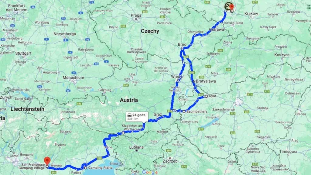  Polska Włochy trasa samochodowa - mapa i szczegóły podróży
