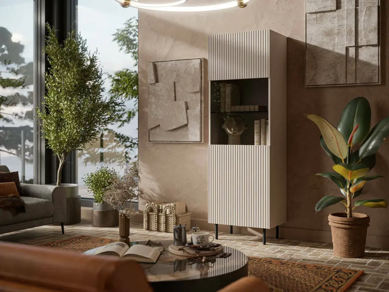 Elegante vetrinetta in cartongesso con ripiani a vista, libri e un busto. Accanto, un ficus e un quadro astratto completano l'arredo.