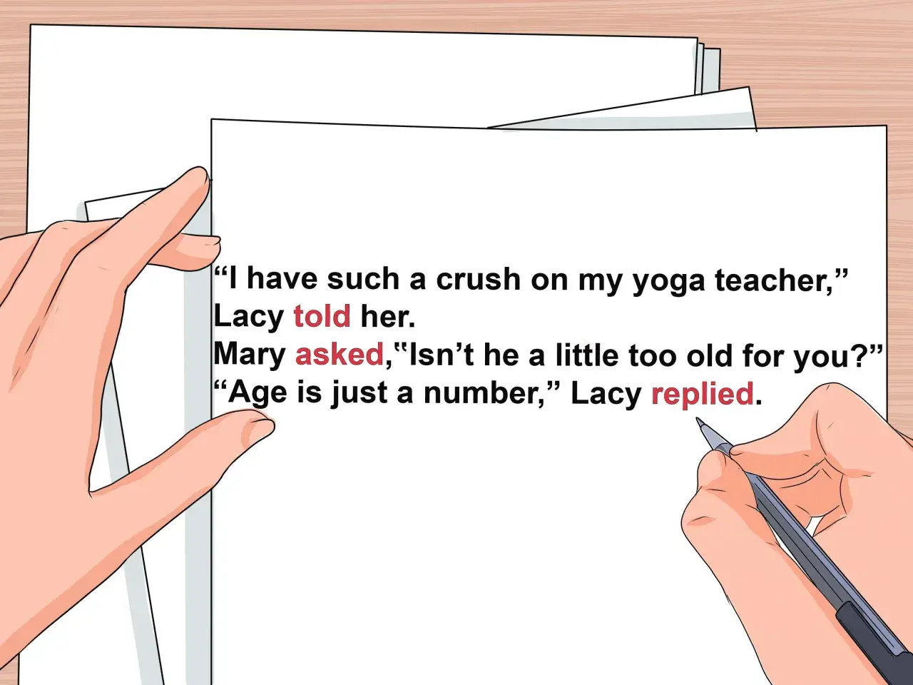 Un exemple de texte dialogue : Lacy confie à Mary son béguin pour son prof de yoga. Mary s'interroge sur l'âge, Lacy répond.