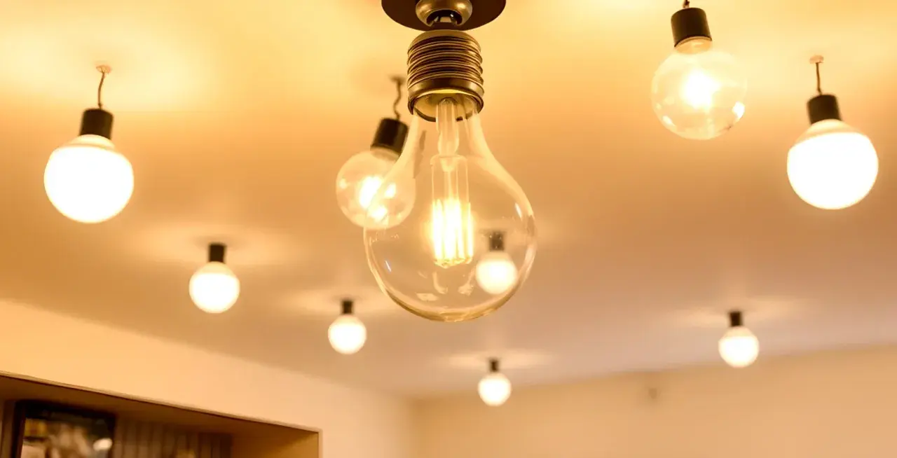 Un plafón con varias bombillas colgantes, algunas transparentes y otras opacas, iluminan cálidamente el techo.