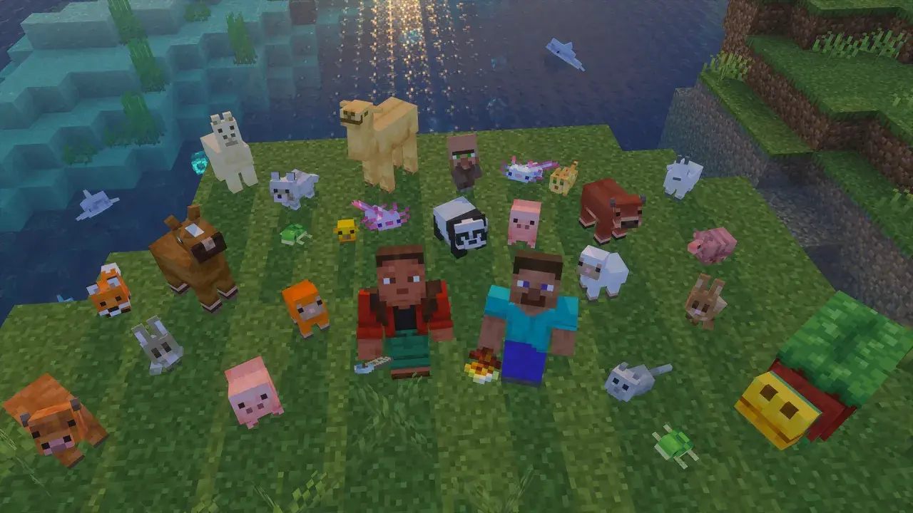 Steve i Alex otoczeni przez wszystkie moby z Minecrafta: lamy, konie, lisy, króliki, owce, świnie, pandy, axolotl, krowy, delfiny, żółwie i inne.