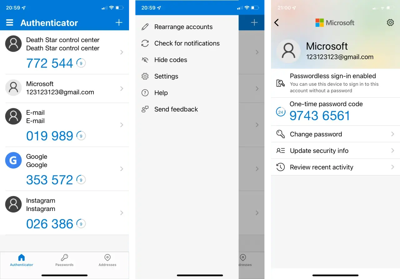 Aplikacja uwierzytelniająca pokazuje kody do logowania, np. 9743 6561 dla konta Microsoft.