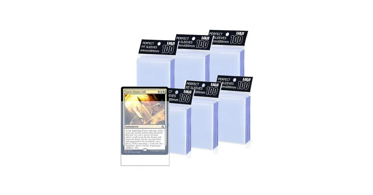 A Magic: The Gathering card, "Spirit-Sisters Call," is shown next to several stacks of clear, perfect fit card sleeves.