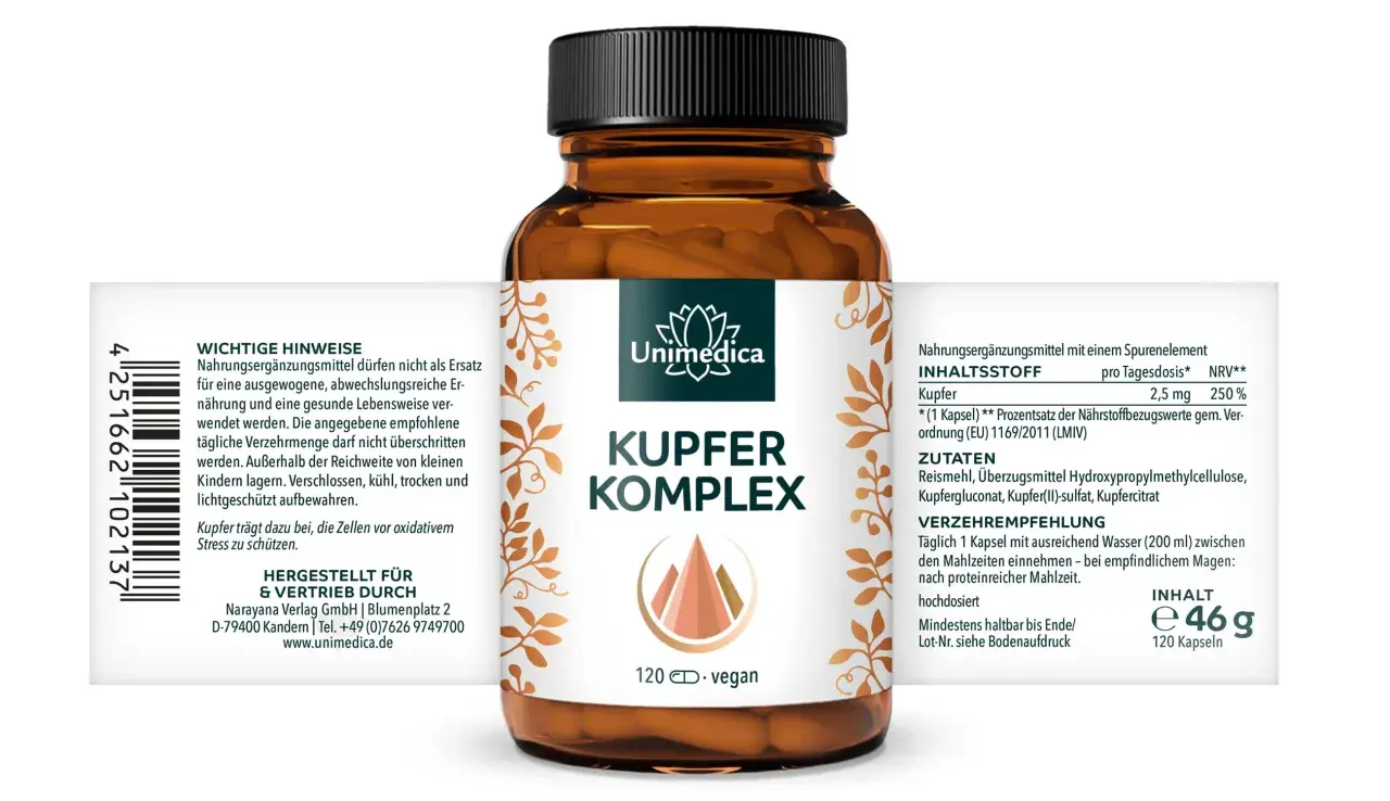 Flasche mit Kupfer Komplex Kapseln. Kupfer unterstützt den Schutz der Zellen vor oxidativem Stress. Täglich 1 Kapsel einnehmen.