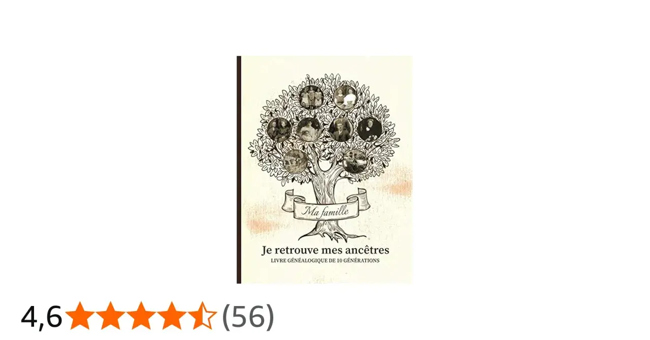 Livre "Je retrouve mes ancêtres", illustré d'un arbre généalogique avec des portraits de mes ancêtres.
