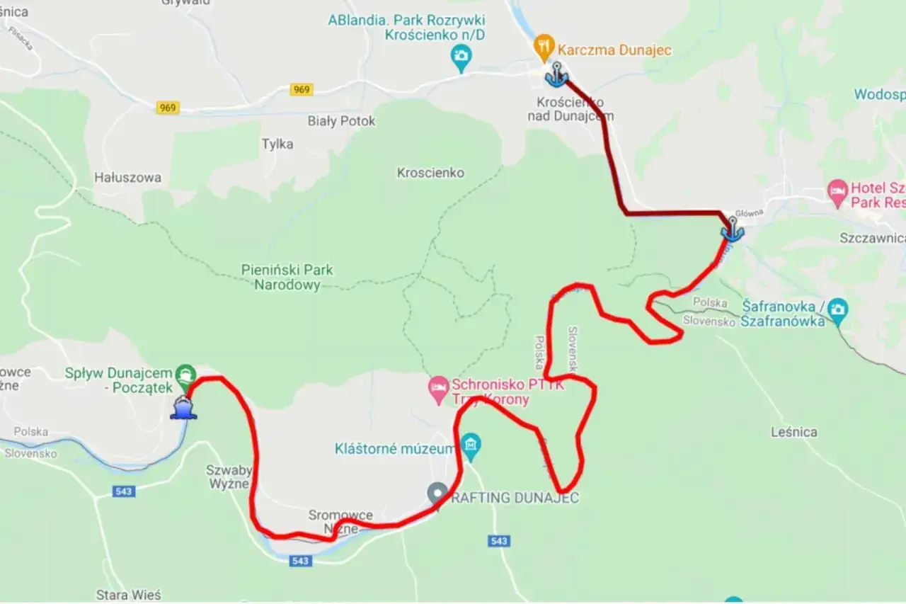 Trasa spływu Dunajcem przez Pieniński Park Narodowy, z zaznaczonym początkiem w Sromowcach Niźnych i metą w Krościenku nad Dunajcem.
