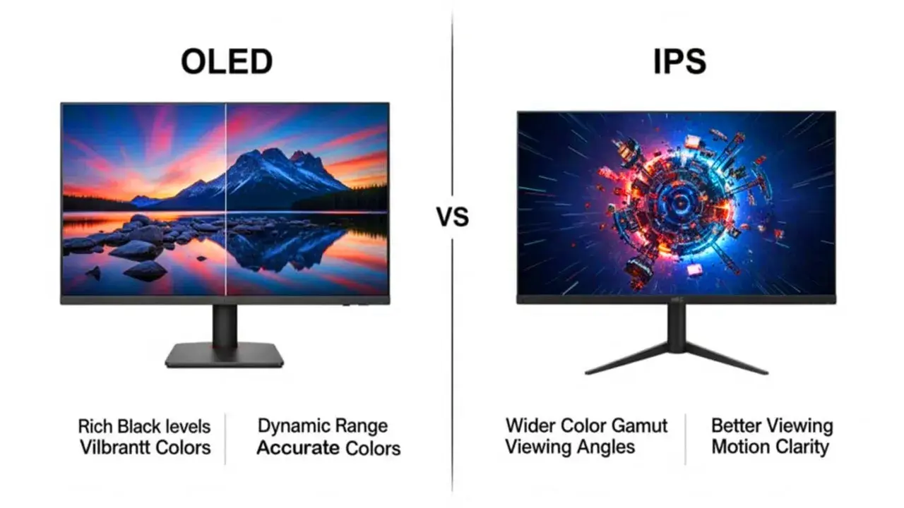 Comparativa de tipos de pantalla: OLED con colores vibrantes y negros profundos, frente a IPS con amplio espectro de color y mejor visión.