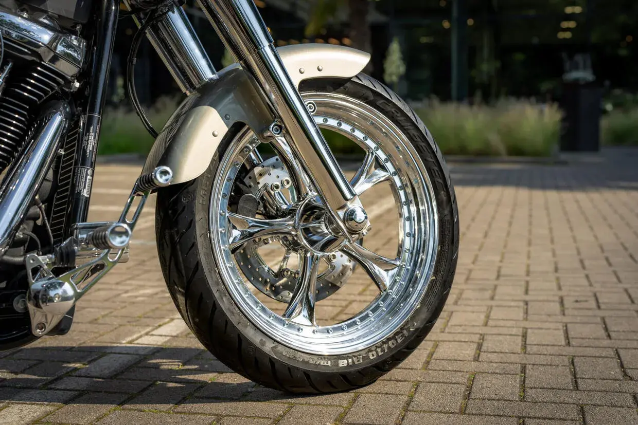 Dettaglio di una ruota cromata di moto. Scopri come pulire i cerchi della moto per mantenerli brillanti.