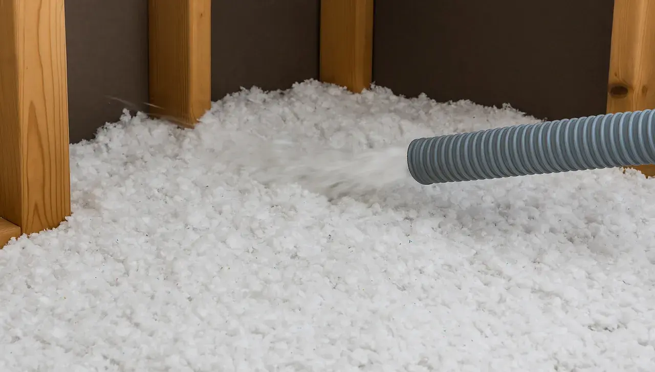 Installazione di isolamento sfuso. Attenzione: la lana di vetro pericolosa può irritare pelle e polmoni.
