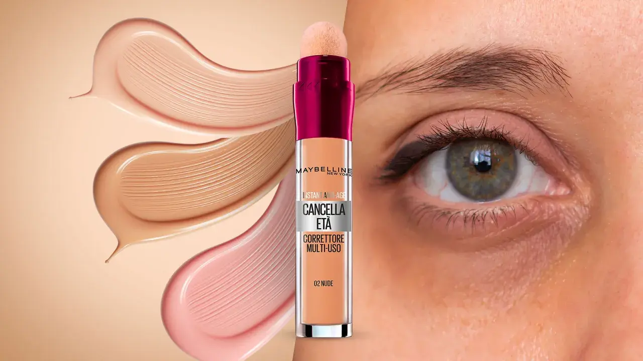 Correttore Maybelline per un trucco sotto gli occhi impeccabile. Diverse tonalità di fondotinta e un occhio che mostra la sua efficacia.