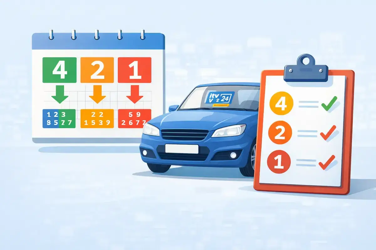 El coche azul listo para pasar la ITV, con un calendario y una lista de verificación. ¡Asegúrate de que todo esté en orden cuando tengo que pasar la ITV!