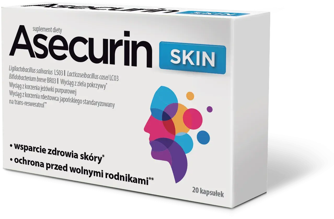 Asecurin Skin to suplement diety wspierający zdrowie skóry i chroniący przed wolnymi rodnikami.