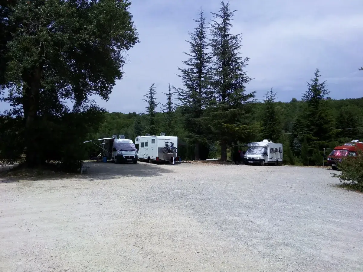Aire de camping-car dans les Gorges du Verdon. Plusieurs camping-cars stationnés sous les arbres, prêts pour l'aventure.