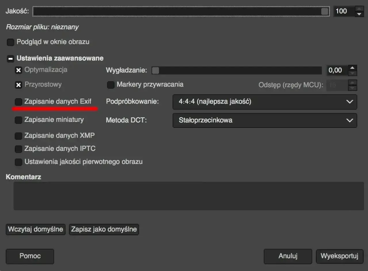 Ustawienia zaawansowane: zapisywanie danych Exif, podpróbkowanie 4:4:4 (najlepsza jakość), metoda DCT stałoprzecinkowa. Brak opcji obracania obrazu.