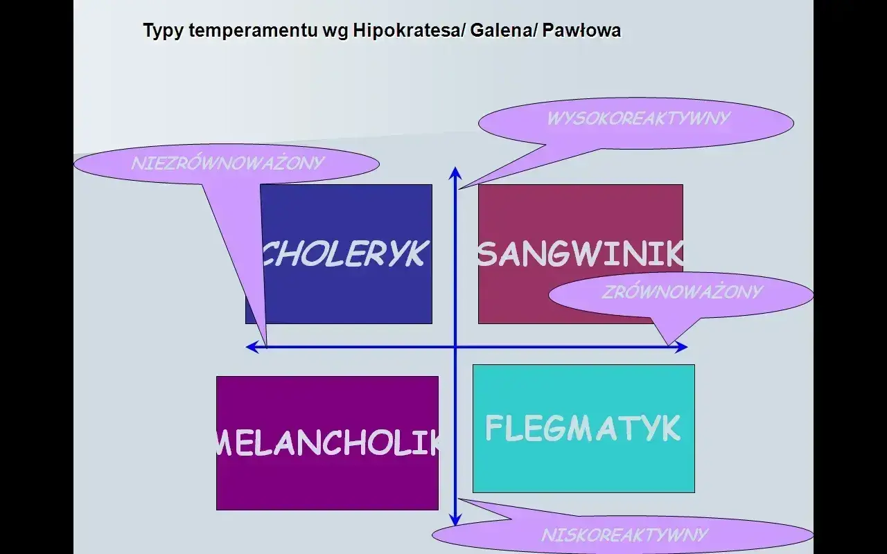 Diagram przedstawia typy temperamentu: choleryk, sangwinik, melancholik, flegmatyk. Określa, że temperament to cecha osobowości.