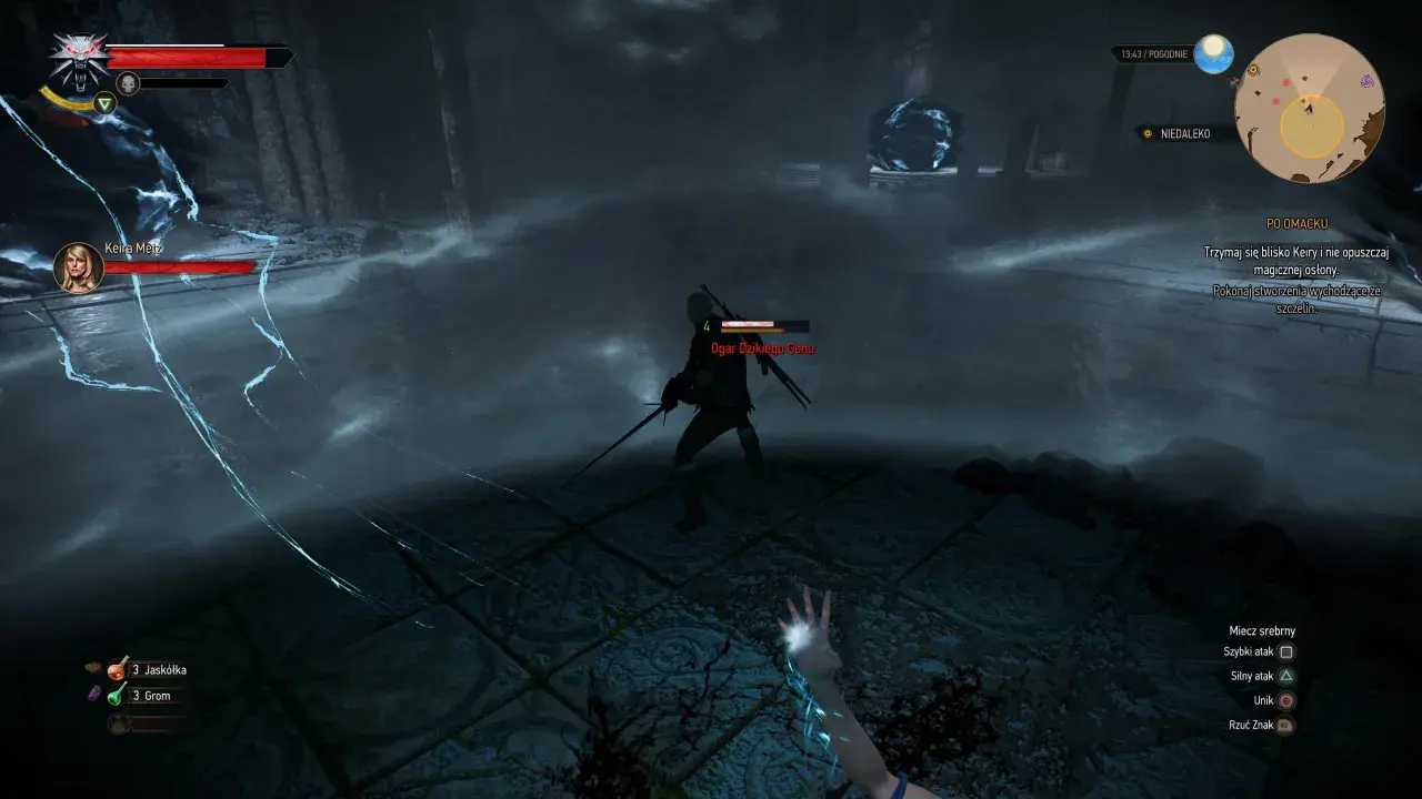Geralt walczy z Ogarami Dzikiego Gonu w mrocznej lokacji. Keira Metz wspiera go magiczną osłoną. To trudne polowanie na czarownice w Wiedźmin 3.