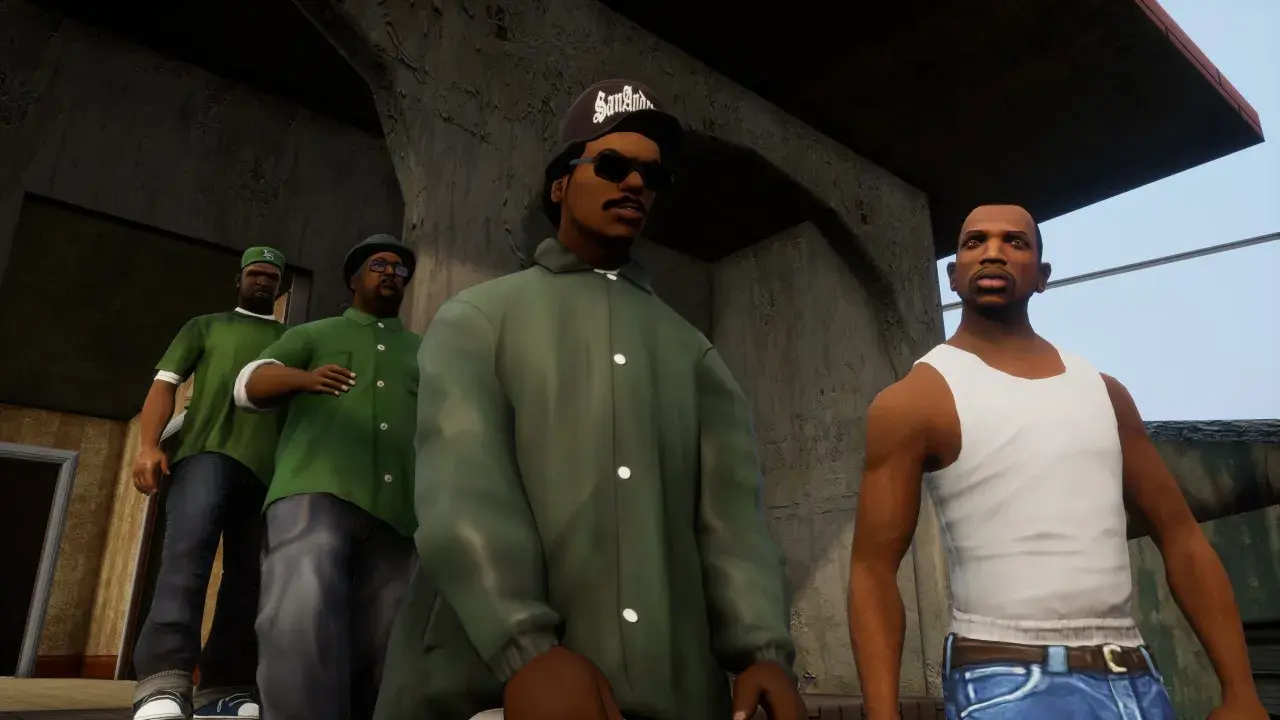 Czterech mężczyzn w zielonych ubraniach i czapce "San Andreas" stoi razem. To scena z gry GTA SA VR.