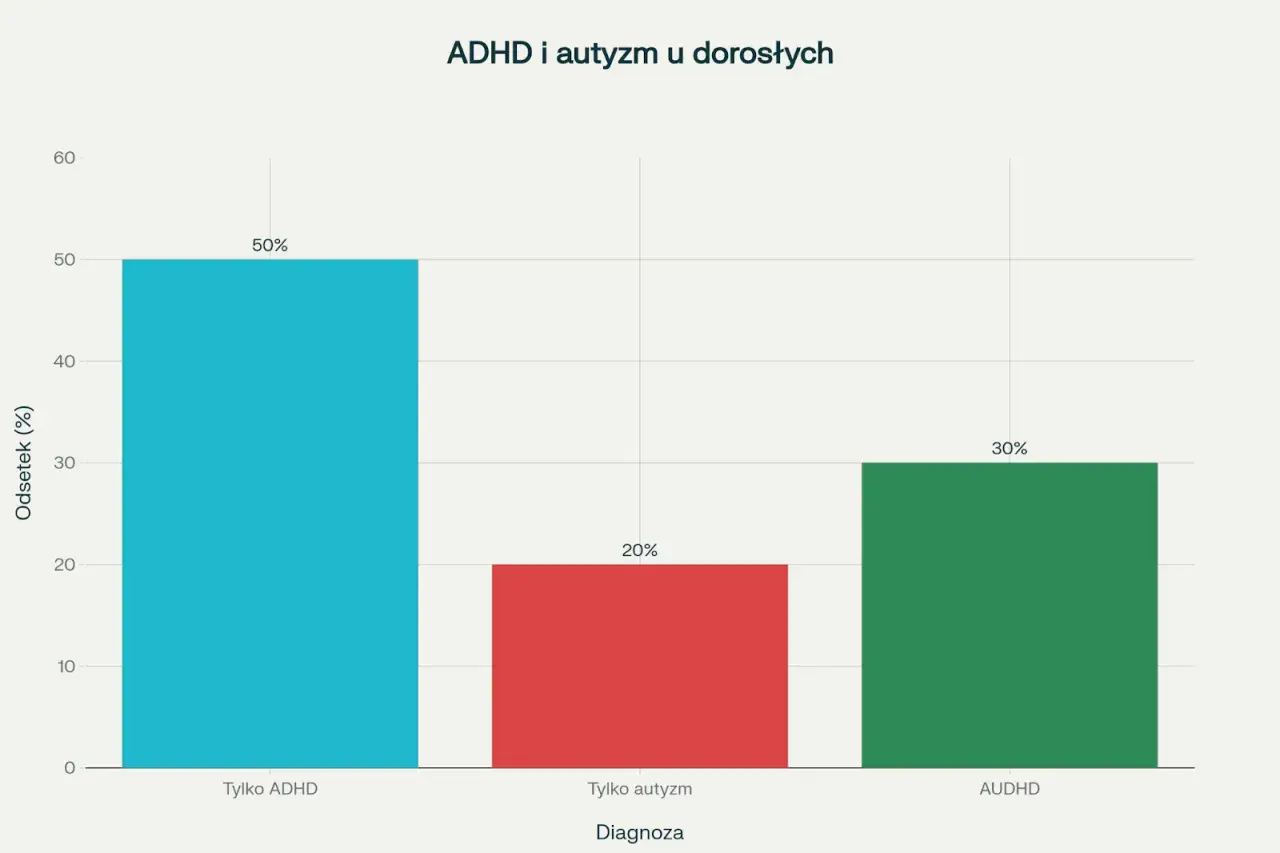 Wykres słupkowy pokazuje, że 50% dorosłych ma tylko ADHD, 20% tylko autyzm, a 30% ma AUDHD (połączenie ADHD i autyzmu).