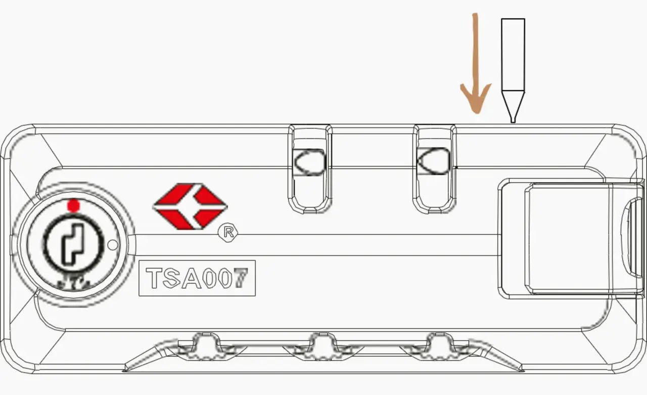 Schemat blokady TSA z cyframi i miejscem na klucz. Strzałka wskazuje, jak zresetować kod w walizce Wittchen.