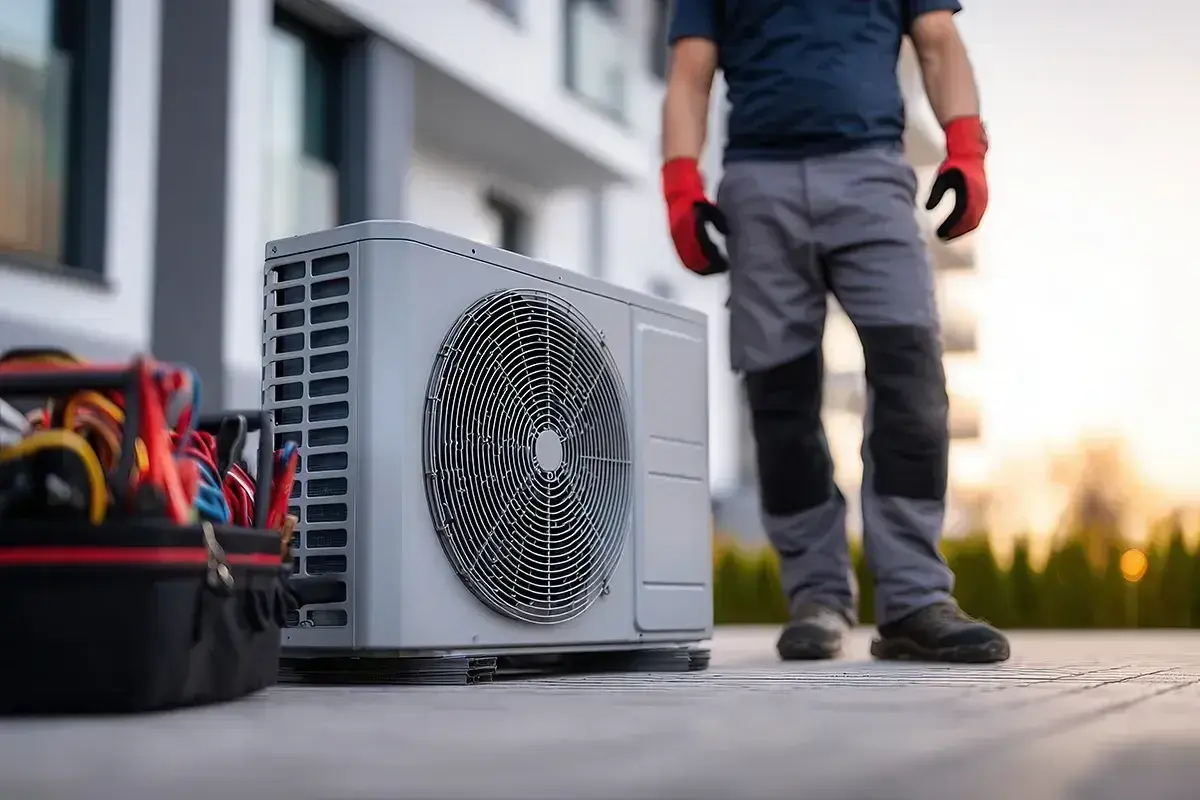 Instalator w rękawicach przygotowuje pompę ciepła do montażu. Idealne miejsce na pompę ciepła to klucz do efektywności.