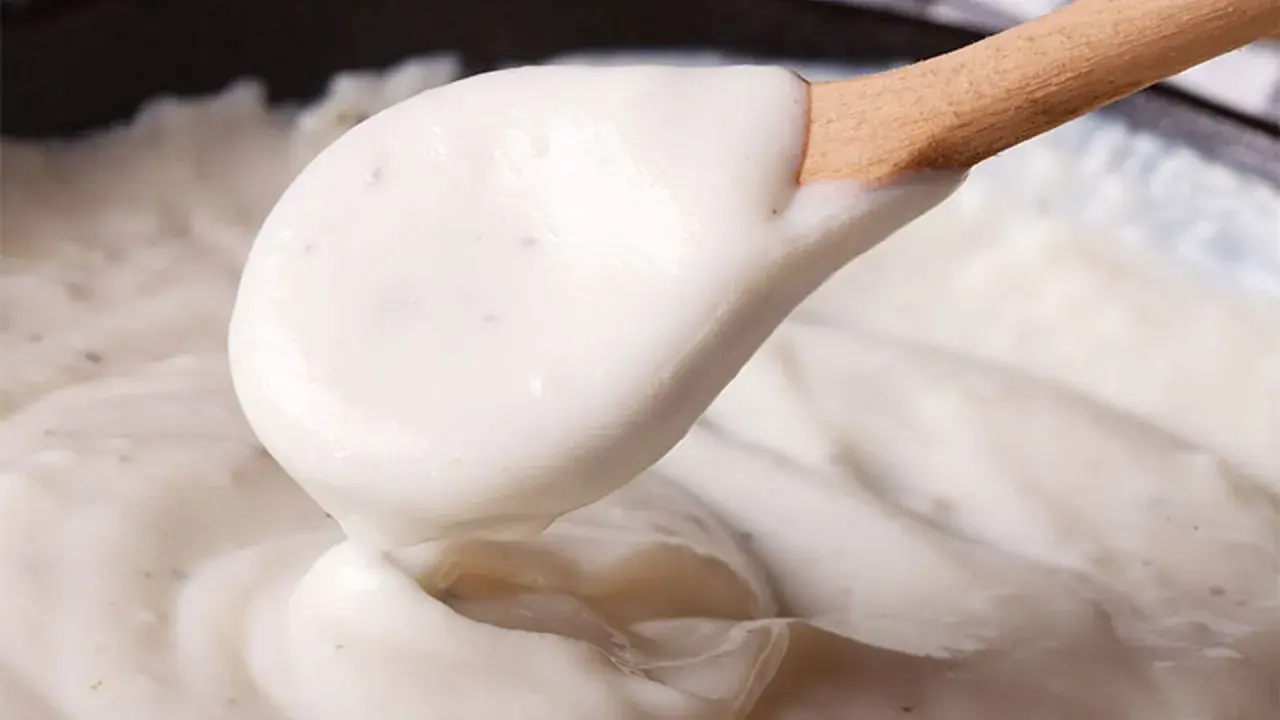 Cremosa bechamel vegana servida en una cuchara de madera, lista para dar un toque delicioso a tus platos.