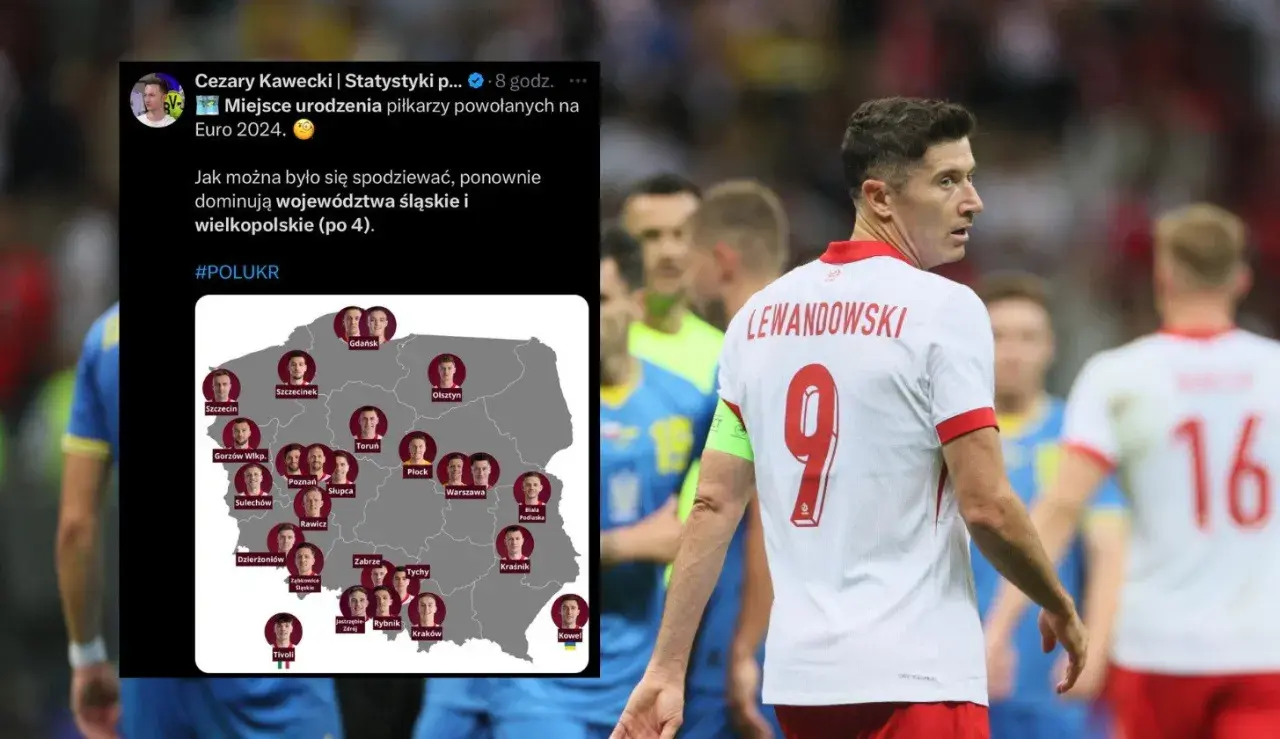 Robert Lewandowski, który ma najwięcej występów w reprezentacji Polski, na tle mapy z miejscami urodzenia kadrowiczów na Euro 2024.