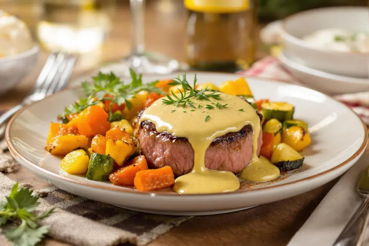 Filet mignon à la moutarde au four, servi avec des légumes rôtis colorés. Une sauce onctueuse nappe la viande.