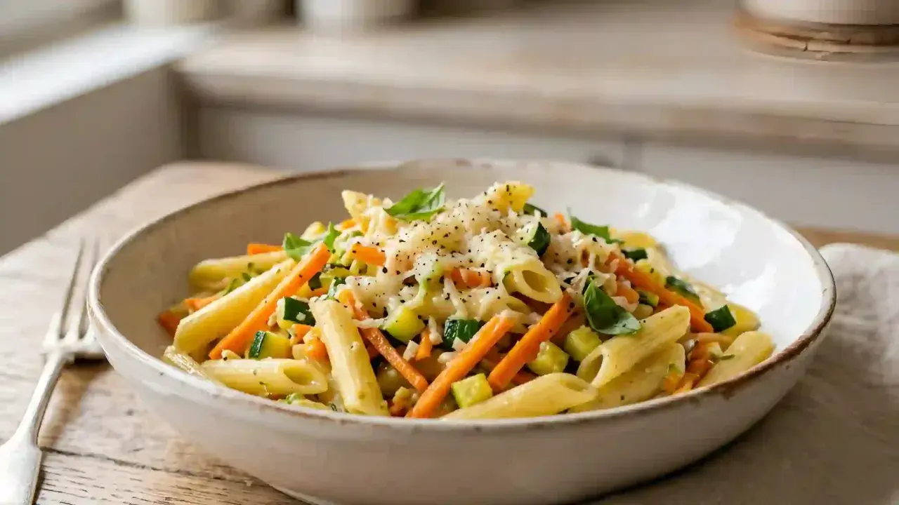 Un plat de pâtes aux légumes colorés, garni de fromage râpé et de basilic frais. Un délice simple et sain.
