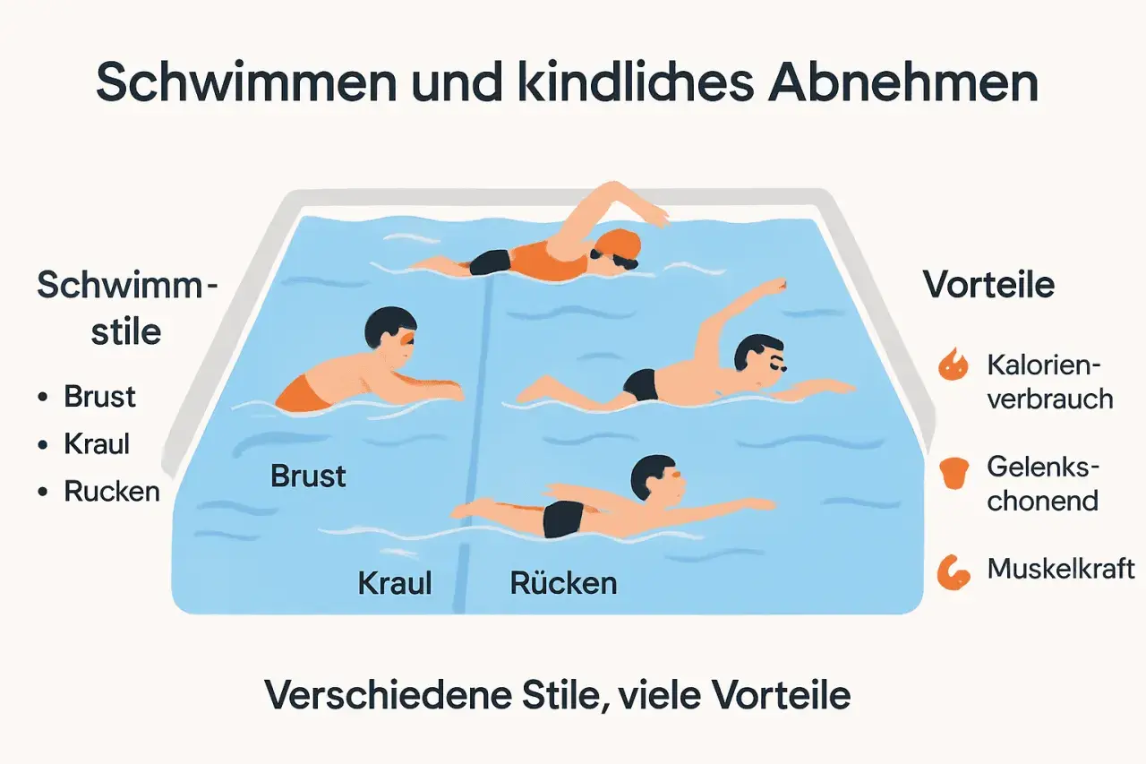 Schwimmen und kindliches Abnehmen: Brust, Kraul, Rücken. Viele Vorteile wie Kalorienverbrauch und Muskelkraft.