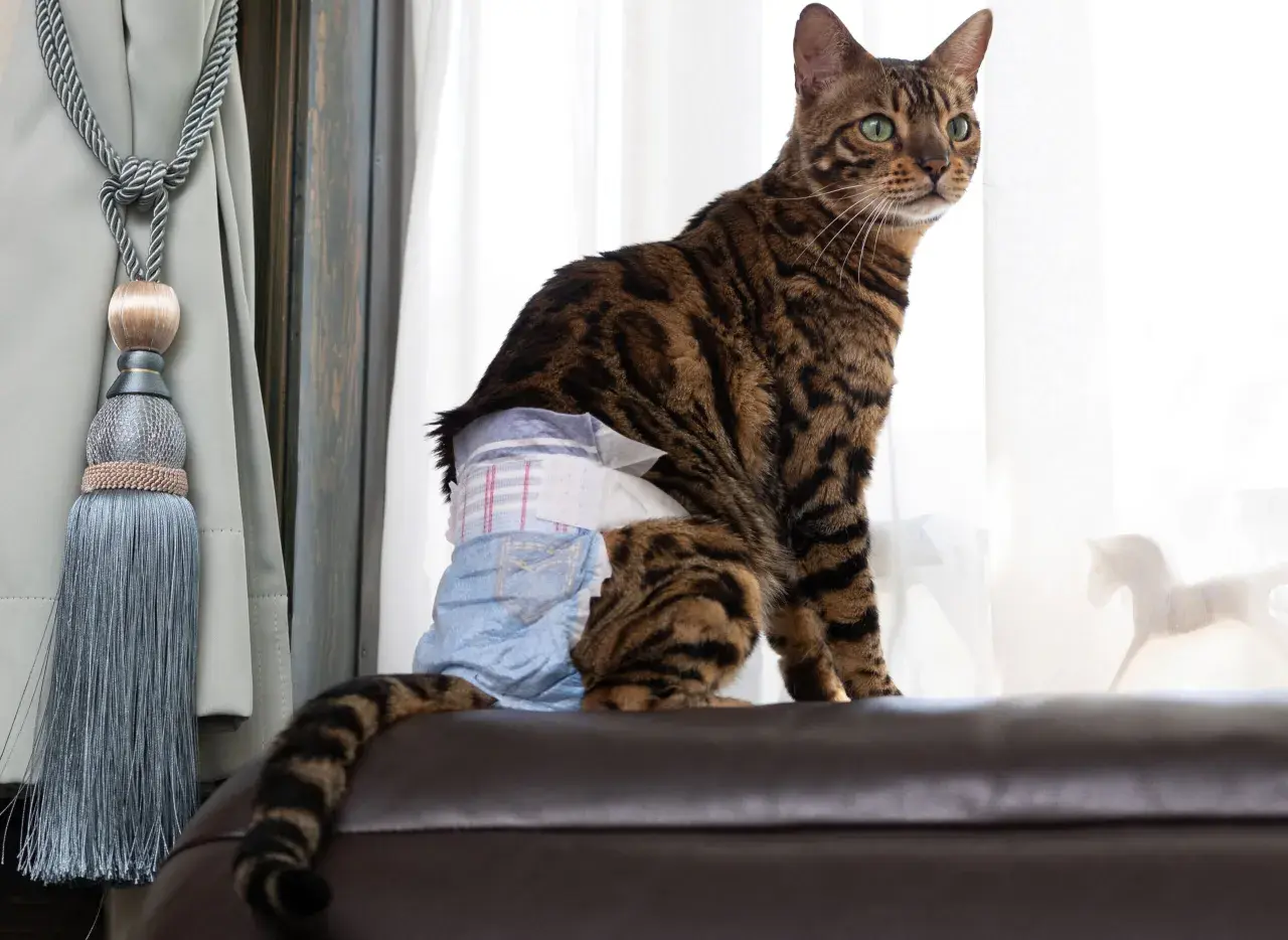A Bengal cat wears a diaper, managing cat incontinence with dignity.
