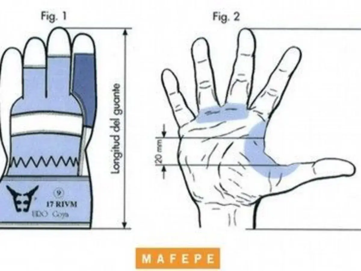 Guía para la talla de manos: un guante (Fig. 1) y una mano con medidas (Fig. 2) para asegurar el ajuste perfecto.