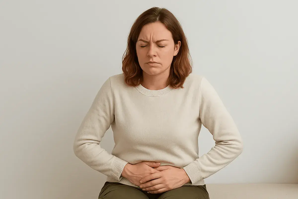 Femme se tenant le ventre, le visage crispé par la douleur. Elle se demande combien de temps dure une infection urinaire sans traitement.